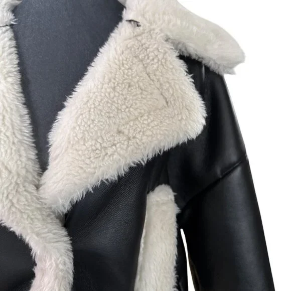 Abercrombie & Fitch Womens Black Vegan Leather Sherpa-Lined Aviator Jacket Size - Picture 2 of 7